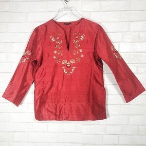 Geisha Embroidered Floral‎ Red Shantung Silk Tunic